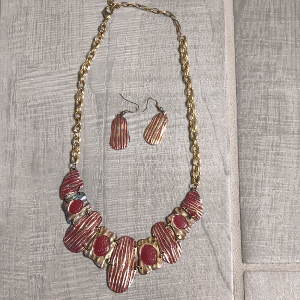 SNT gold-tone and red abstract statement necklace and Earring Set